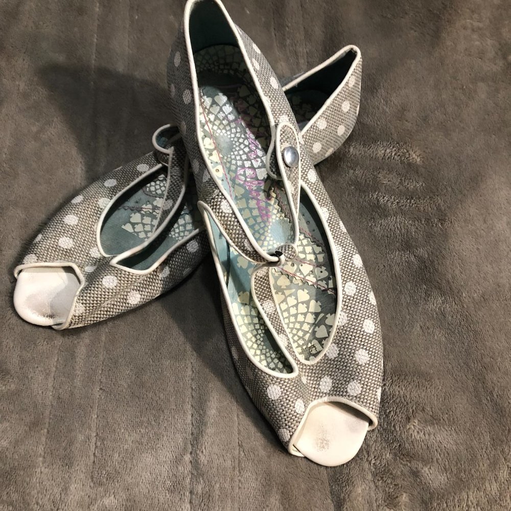 Size 39 Irregular Choice Mary Jane, peep toe, kitten heel, polka dotted, shoes.